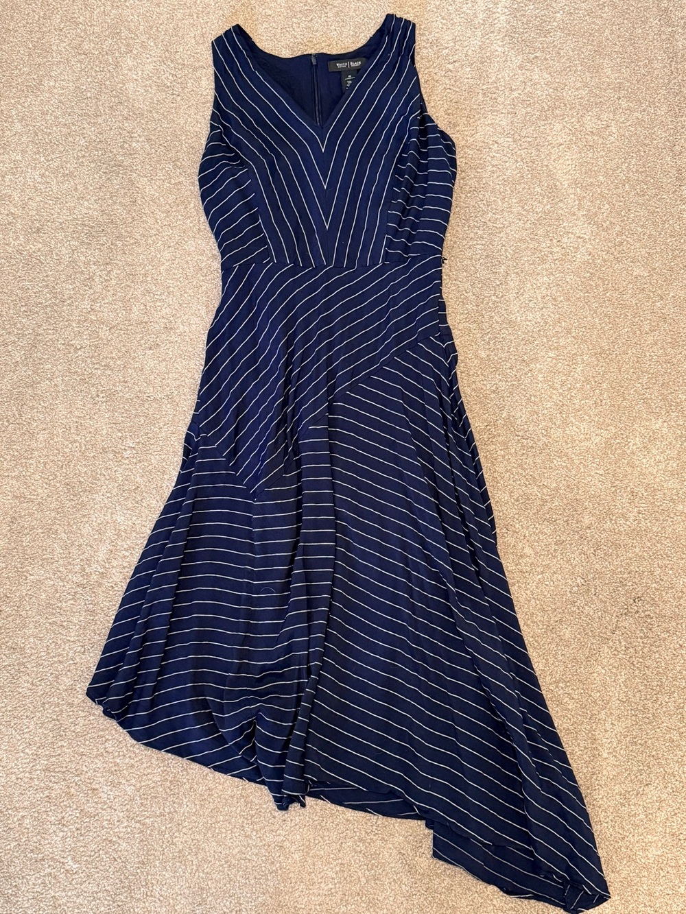 White House Black Market Navy Striped Asymmetrical Midi Dress